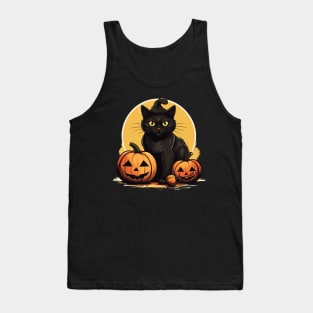 Retro Black Cat Halloween Pumpkin Costume Scary Spooky Night Tank Top